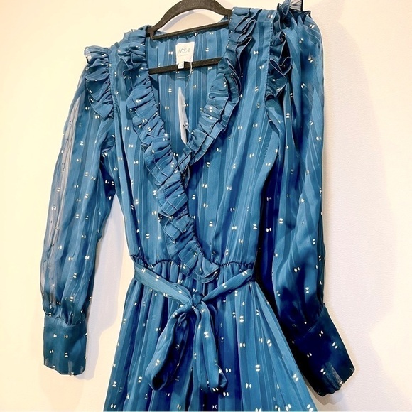 NEW Misa Los Angeles Blue Ruffle Maxi Faux Wrap Long Sleeve V Neck Sheer Dress - Picture 10 of 16